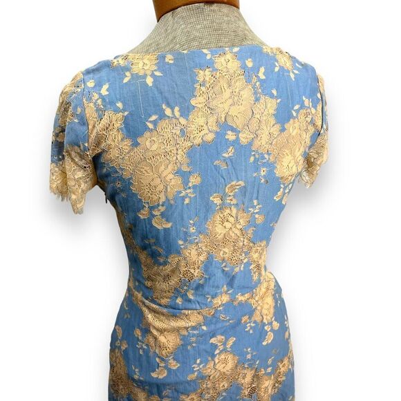 Storia Dress Womens Small Blue Beige Floral Lace Sheer Mini Mesh Chevron - Picture 6 of 8